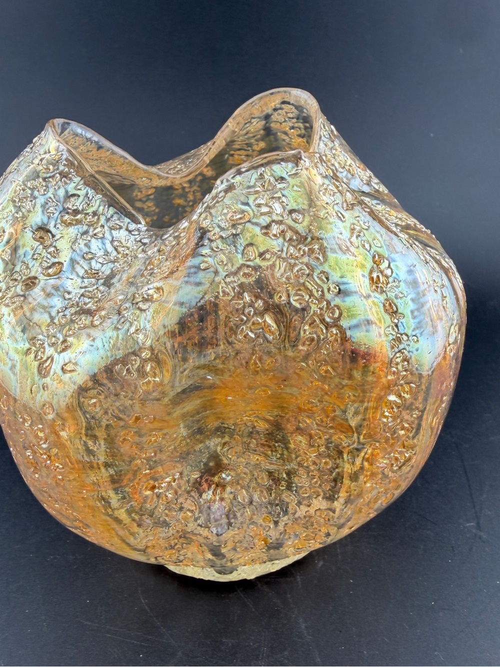 Dugan Ruffled Rim Lava Glass Pompeian Frit 4 1/4" Iridescent Rose Bowl 1905